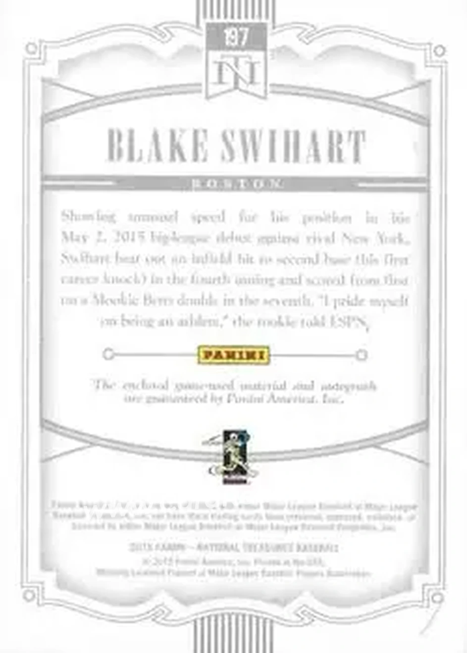 2015 Panini National Treasures #197 - Blake Swihart - Boston Red Sox - Back