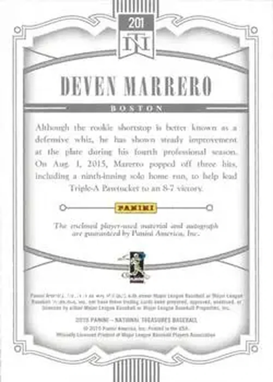 2015 Panini National Treasures #201 - Deven Marrero - Boston Red Sox - Back