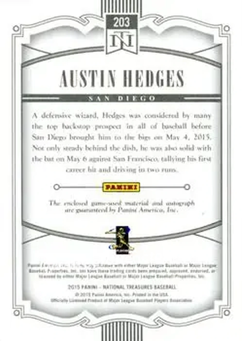 2015 Panini National Treasures #203 - Austin Hedges - San Diego Padres - Back