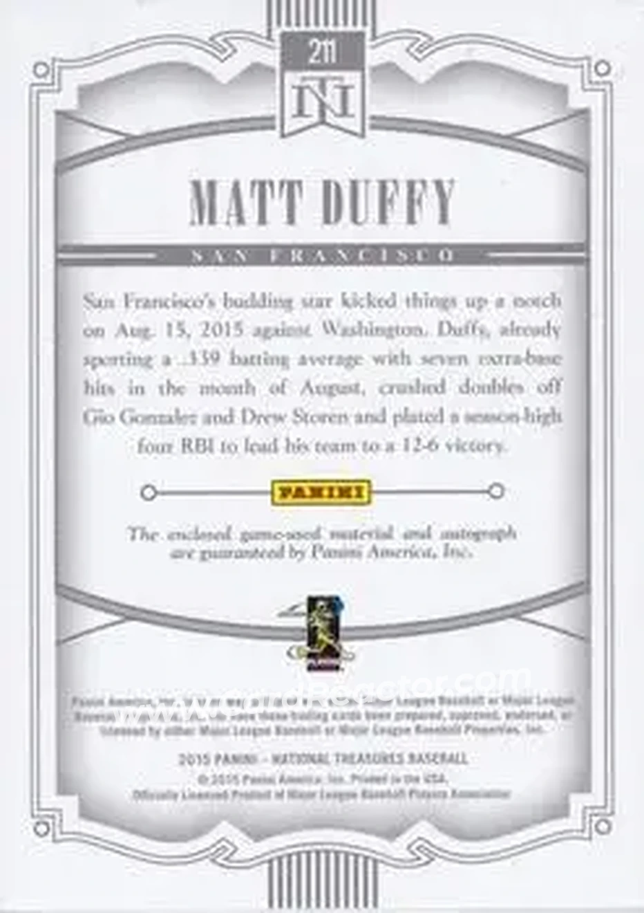 2015 Panini National Treasures #211 - Matt Duffy - San Francisco Giants - Back 2015 Panini National Treasures #211 - Matt Duffy - San Francisco Giants - Back