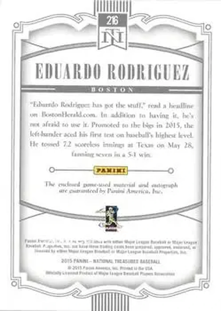 2015 Panini National Treasures #216 - Eduardo Rodriguez - Boston Red Sox - Back