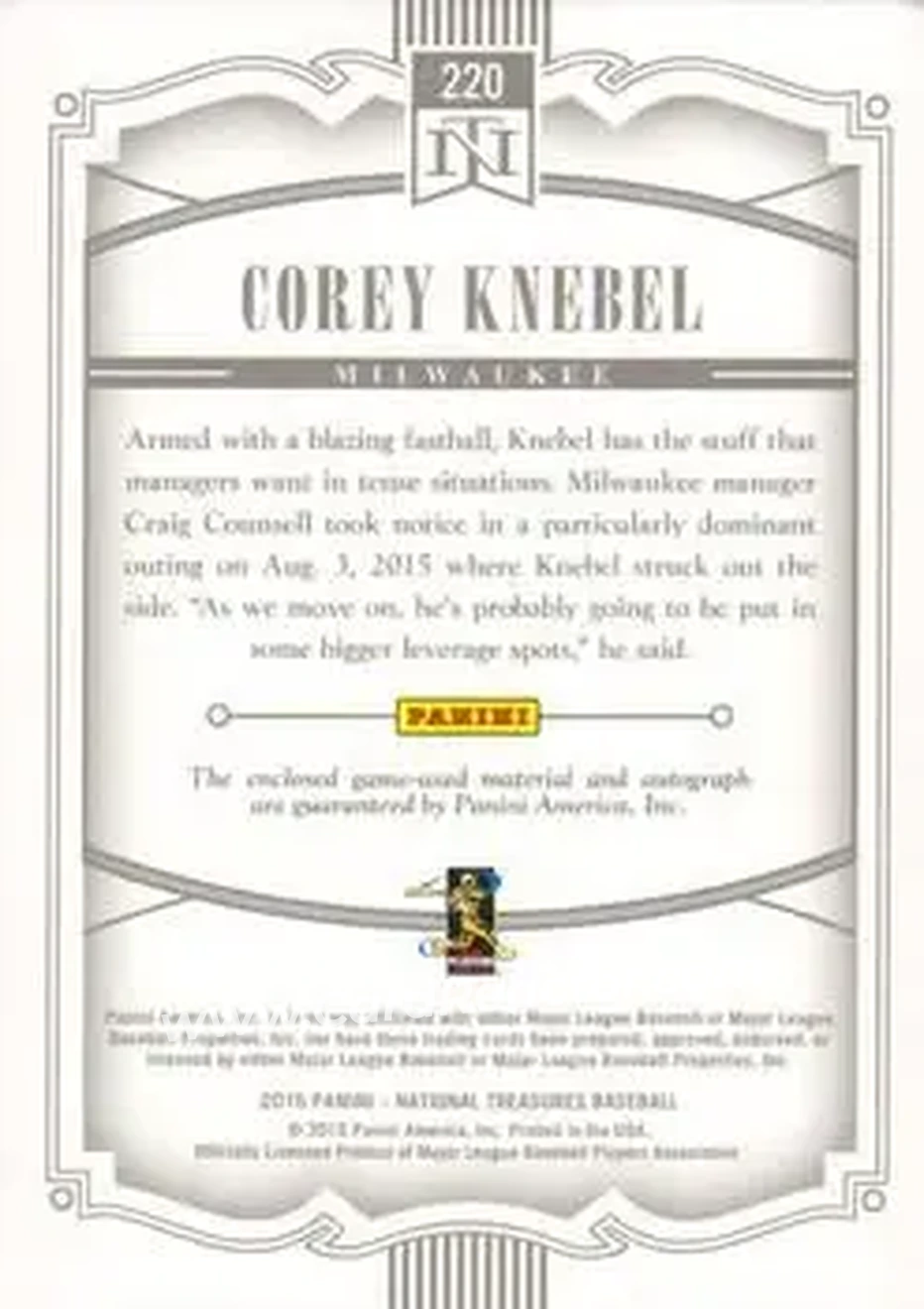 2015 Panini National Treasures #220 - Corey Knebel - Milwaukee Brewers - Back
