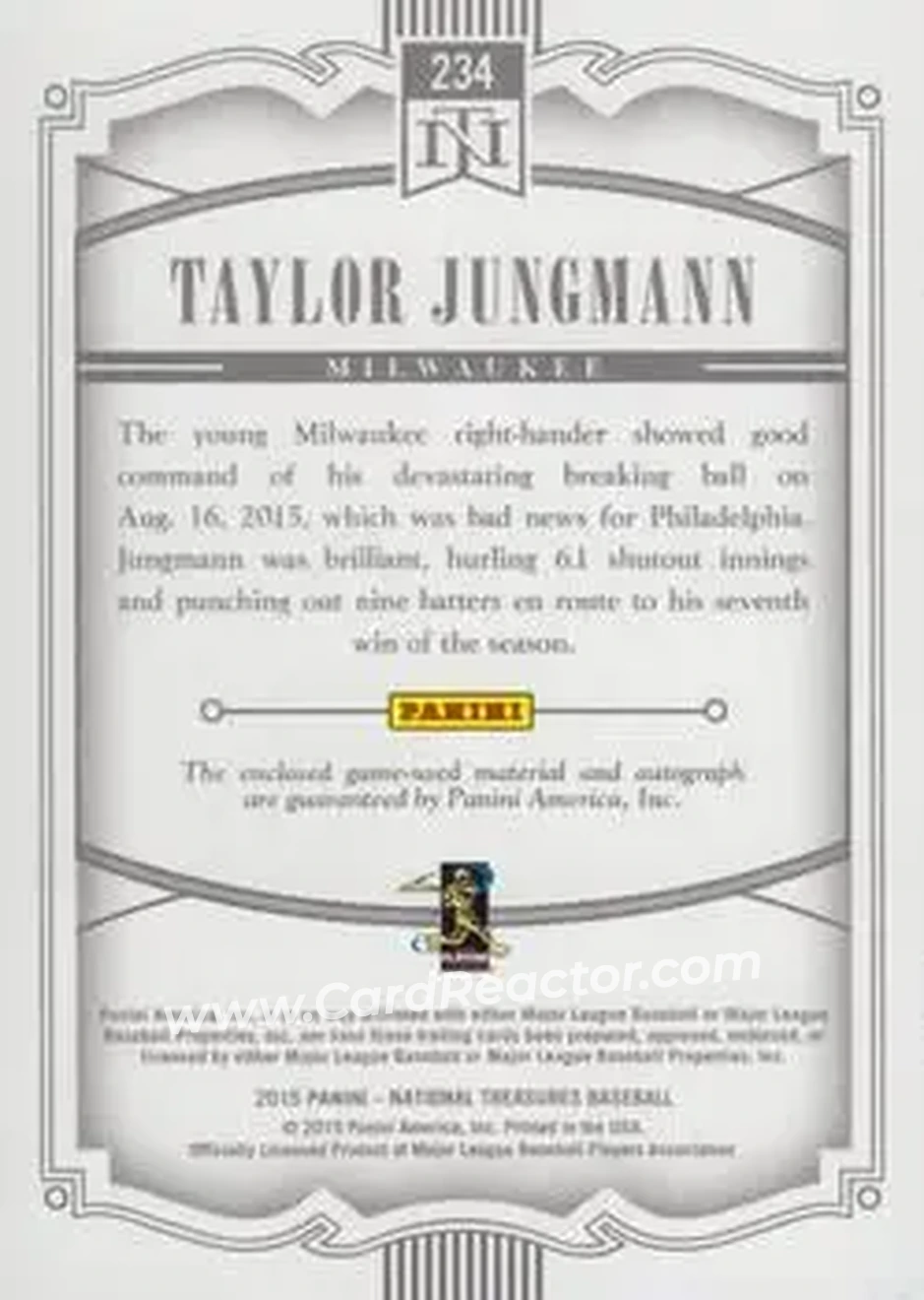 2015 Panini National Treasures #234 - Taylor Jungmann - Milwaukee Brewers - Back