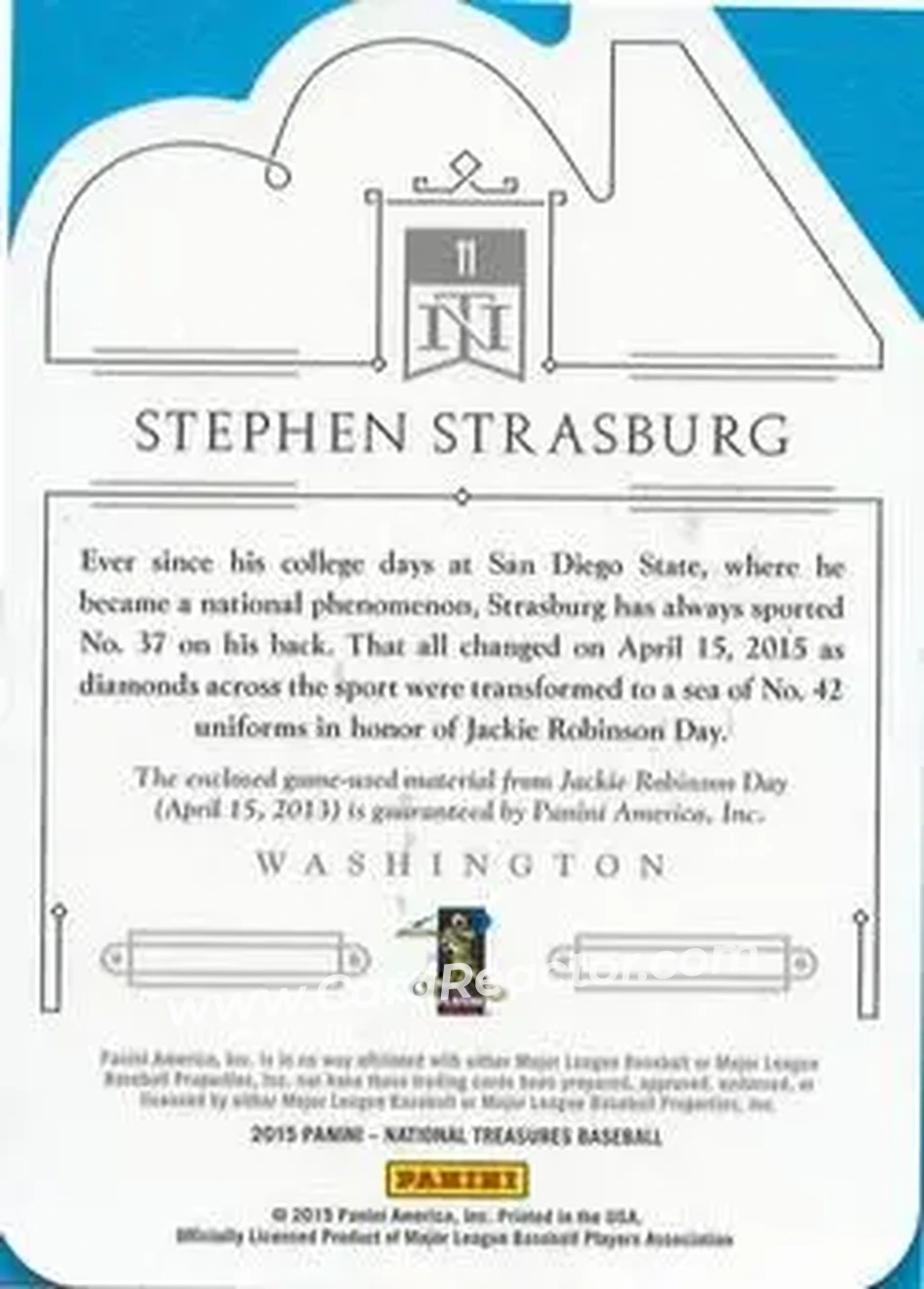 2015 Panini National Treasures - 42 Tribute #11 - Stephen Strasburg - Washington Nationals - Back