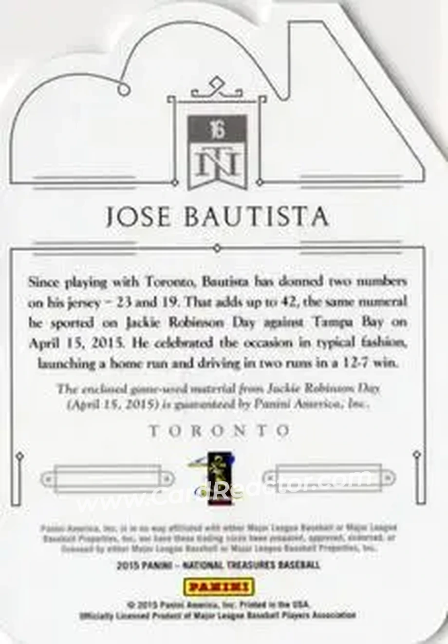2015 Panini National Treasures - 42 Tribute #16 - Jose Bautista - Toronto Blue Jays - Back