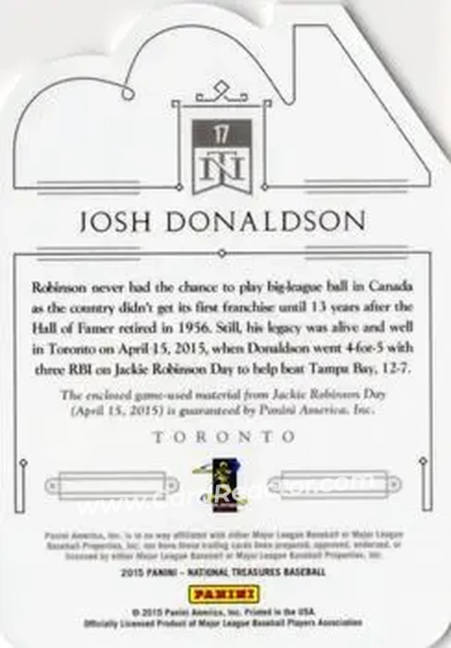 2015 Panini National Treasures - 42 Tribute #17 - Josh Donaldson - Toronto Blue Jays - Back