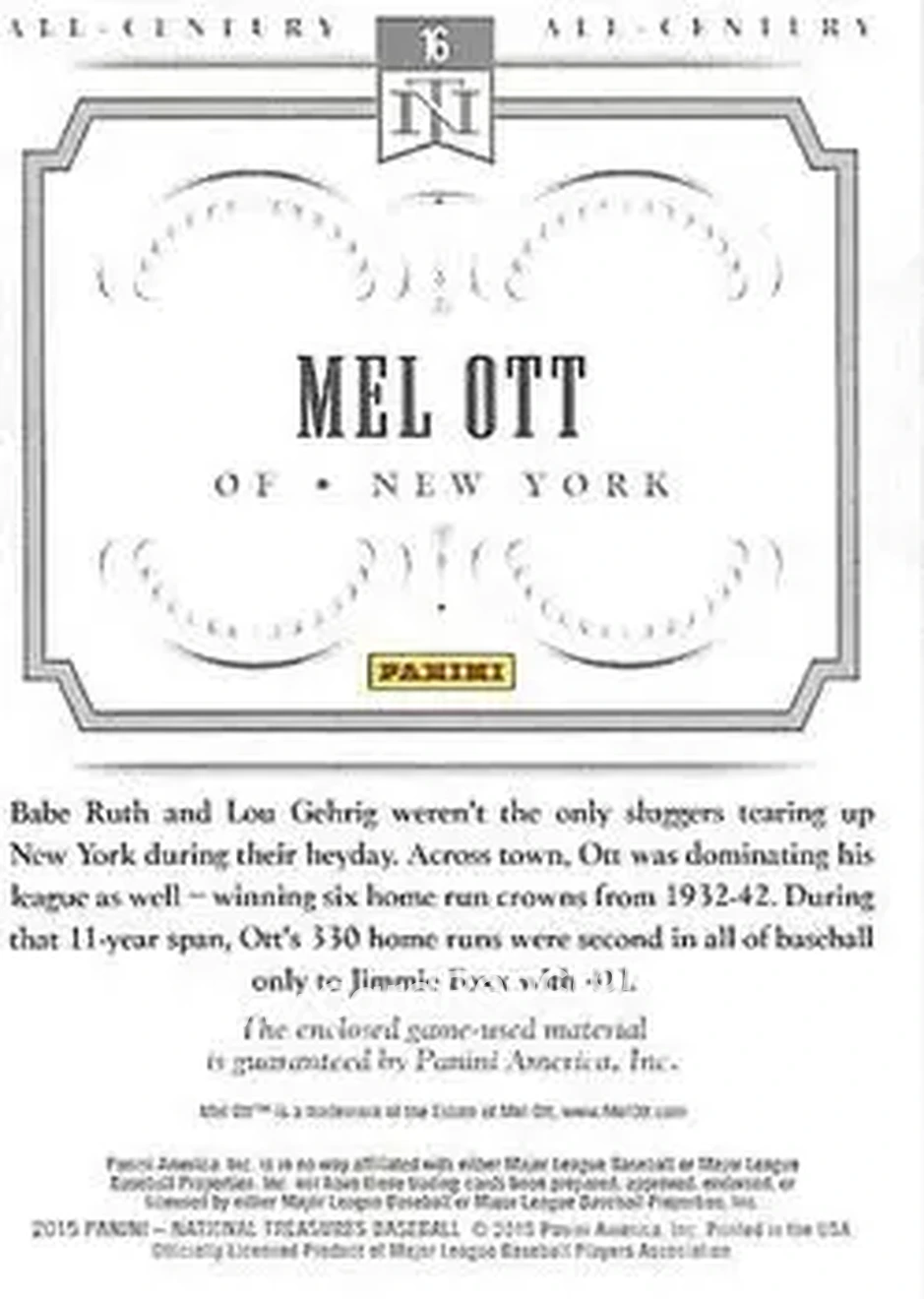 2015 Panini National Treasures - All-Century #16 - Mel Ott - New York Giants - Back