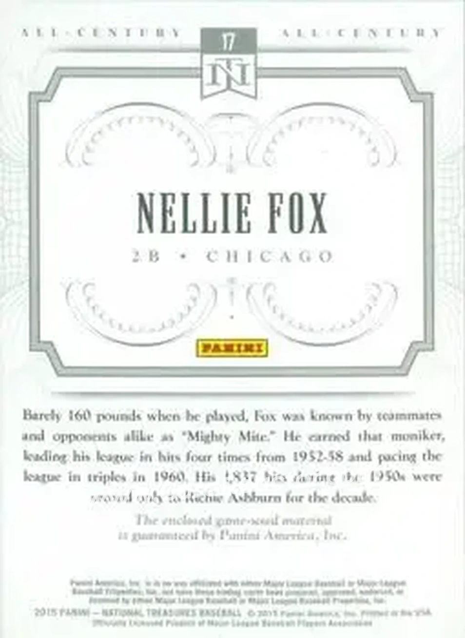 2015 Panini National Treasures - All-Century #17 - Nelson Fox - Chicago White Sox - Back