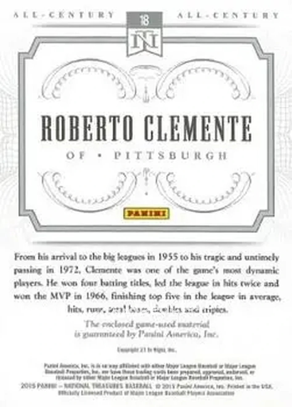 2015 Panini National Treasures - All-Century #18 - Bob Clemente - Pittsburgh Pirates - Back