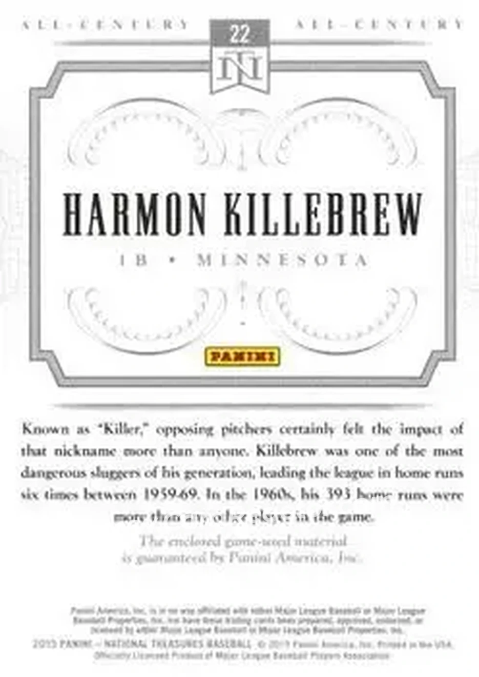 2015 Panini National Treasures - All-Century #22 - Harmon Killebrew - Minnesota Twins - Back