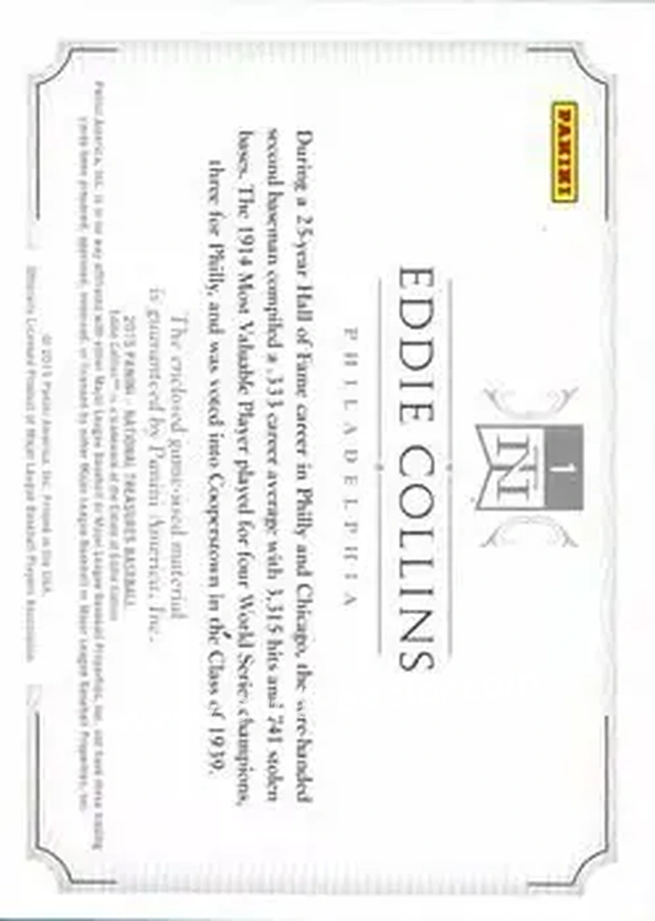 2015 Panini National Treasures - Bat Barrel #1 - Eddie Collins - Philadelphia Athletics - Back