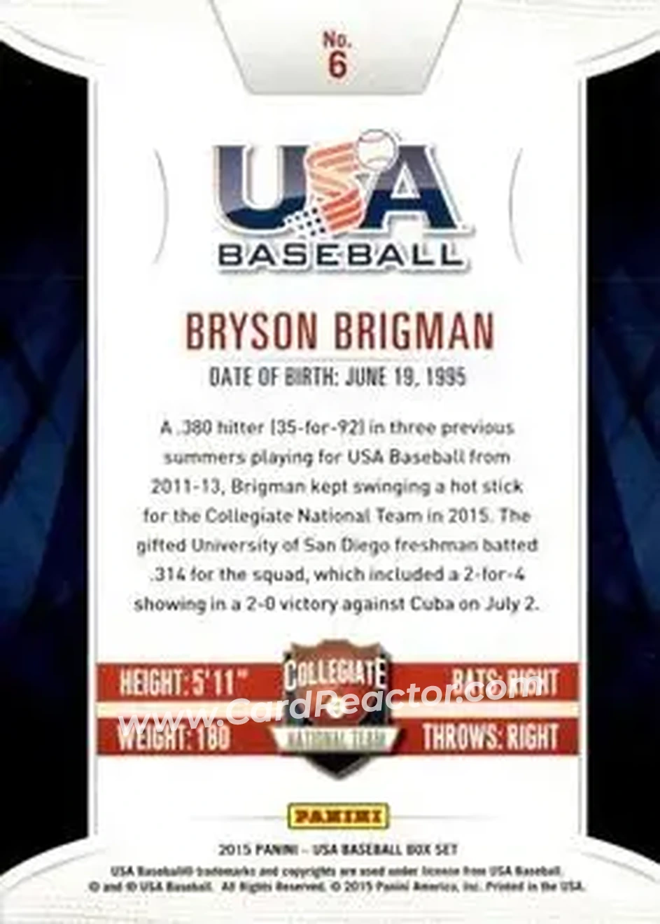 2015 Panini USA Baseball #6 - Bryson Brigman - USA - Back
