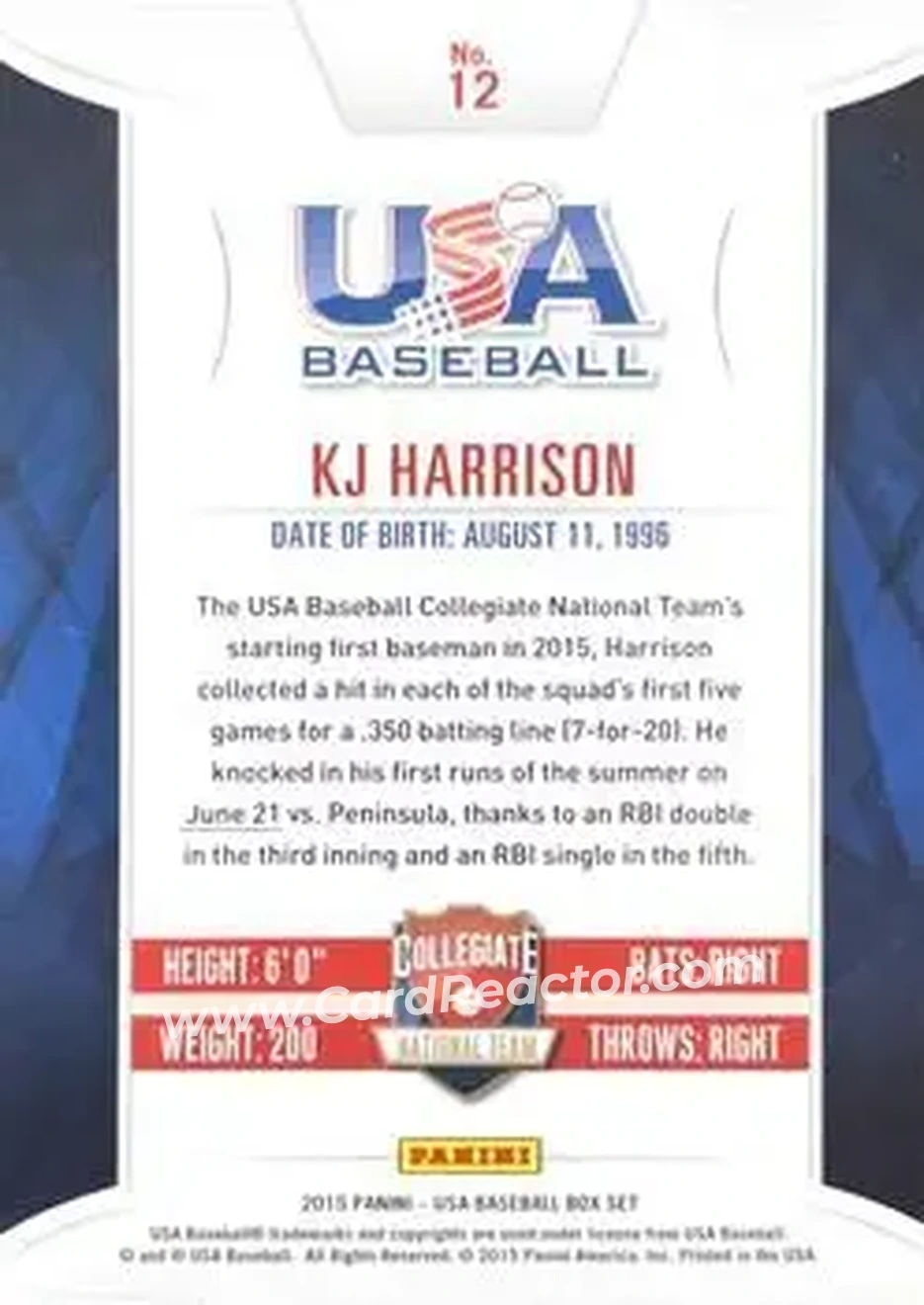 2015 Panini USA Baseball #12 - KJ Harrison - USA - Back