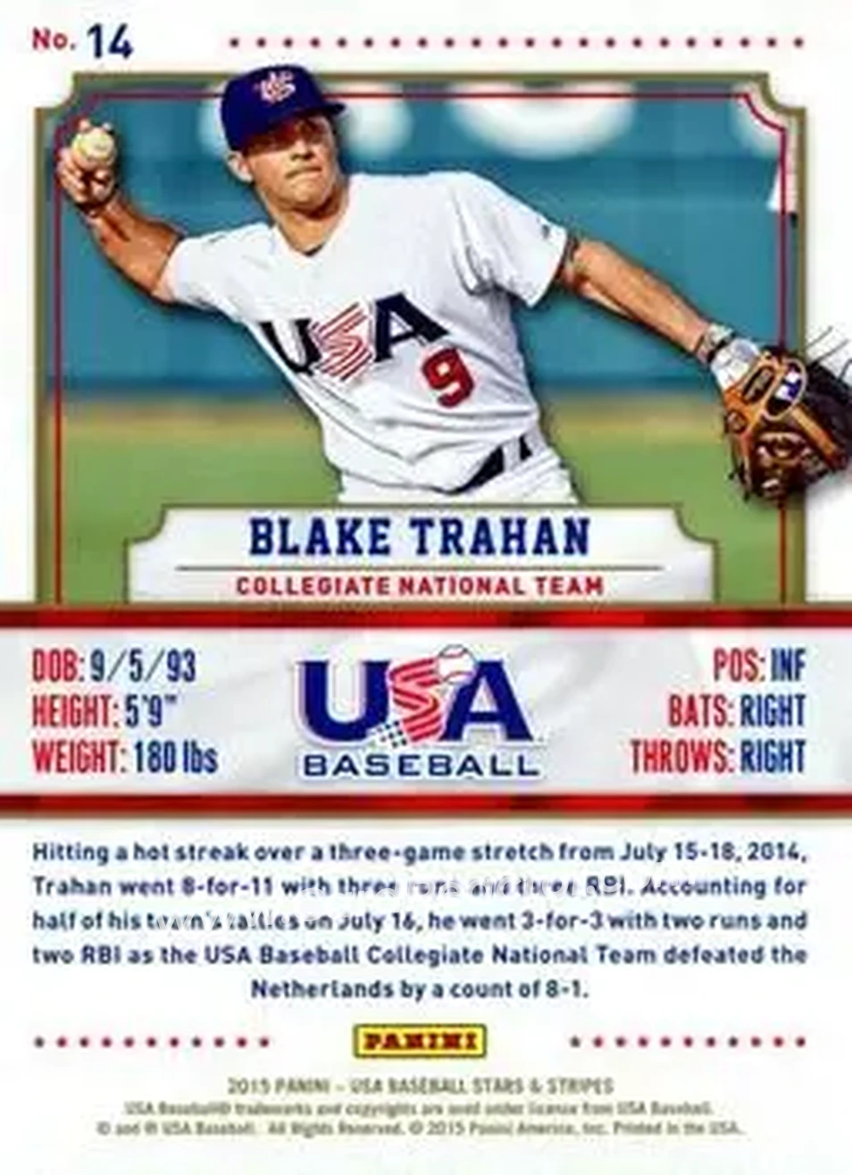2015 Panini USA Baseball #14 - Tanner Houck - USA - Back
