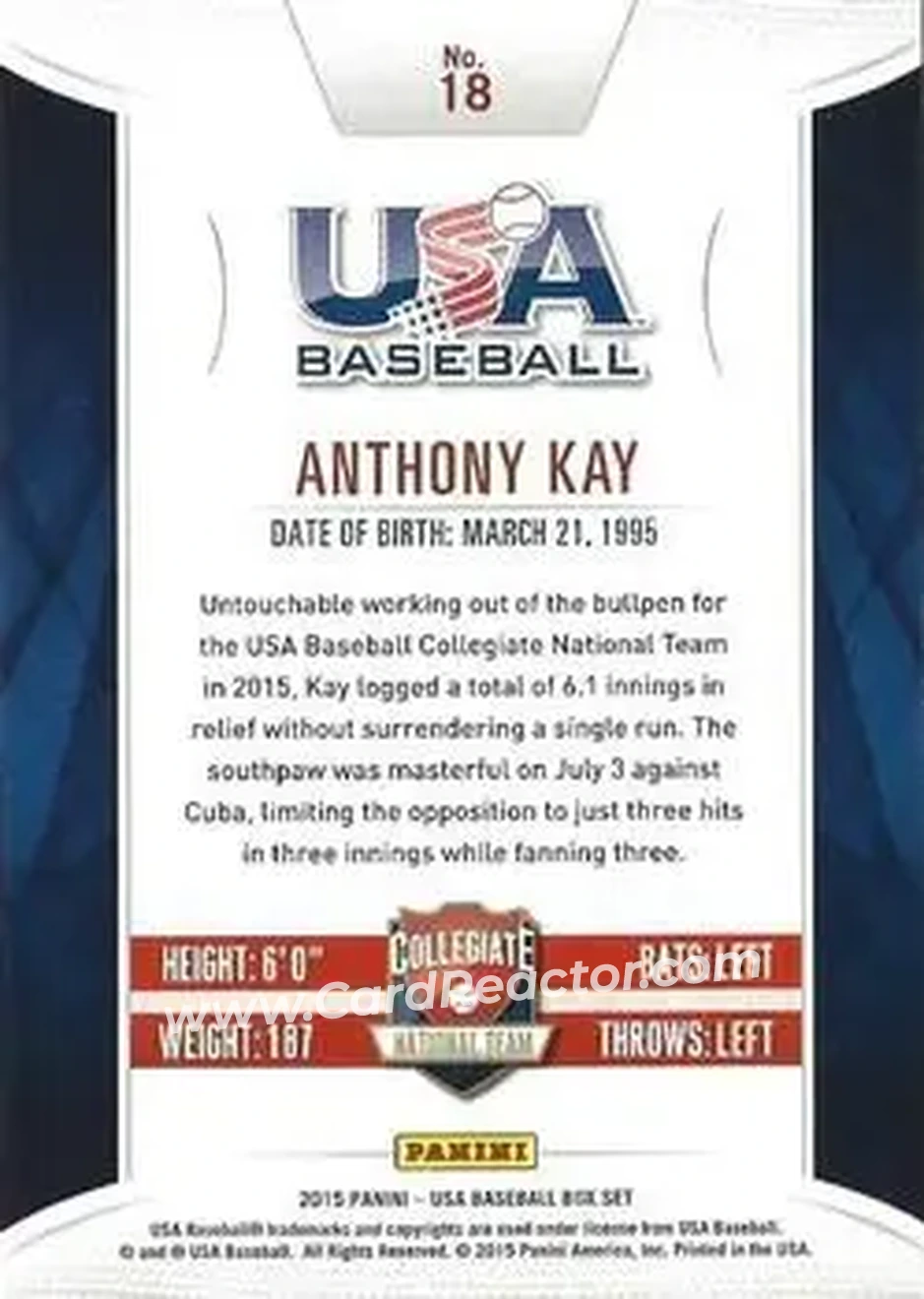 2015 Panini USA Baseball #18 - Anthony Kay - USA - Back
