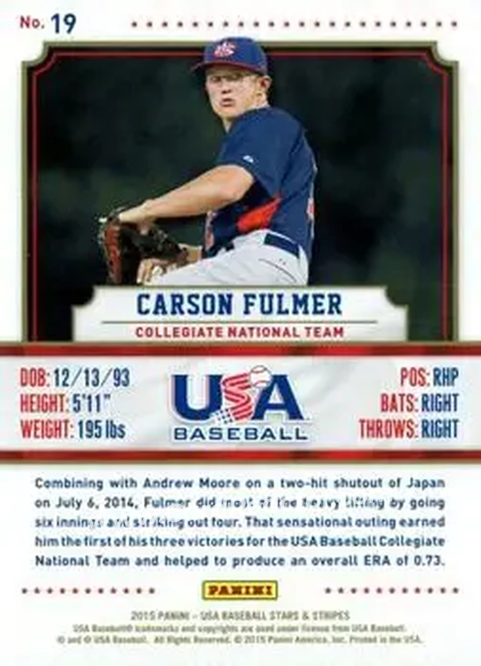 2015 Panini USA Baseball #19 - Brendan McKay - USA - Back