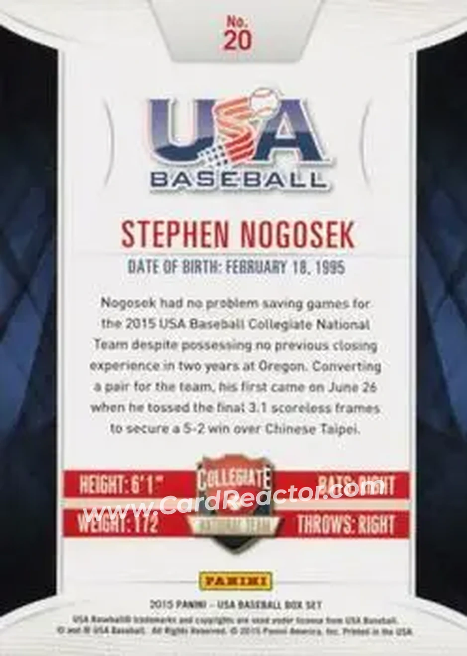 2015 Panini USA Baseball #20 - Stephen Nogosek - USA - Back