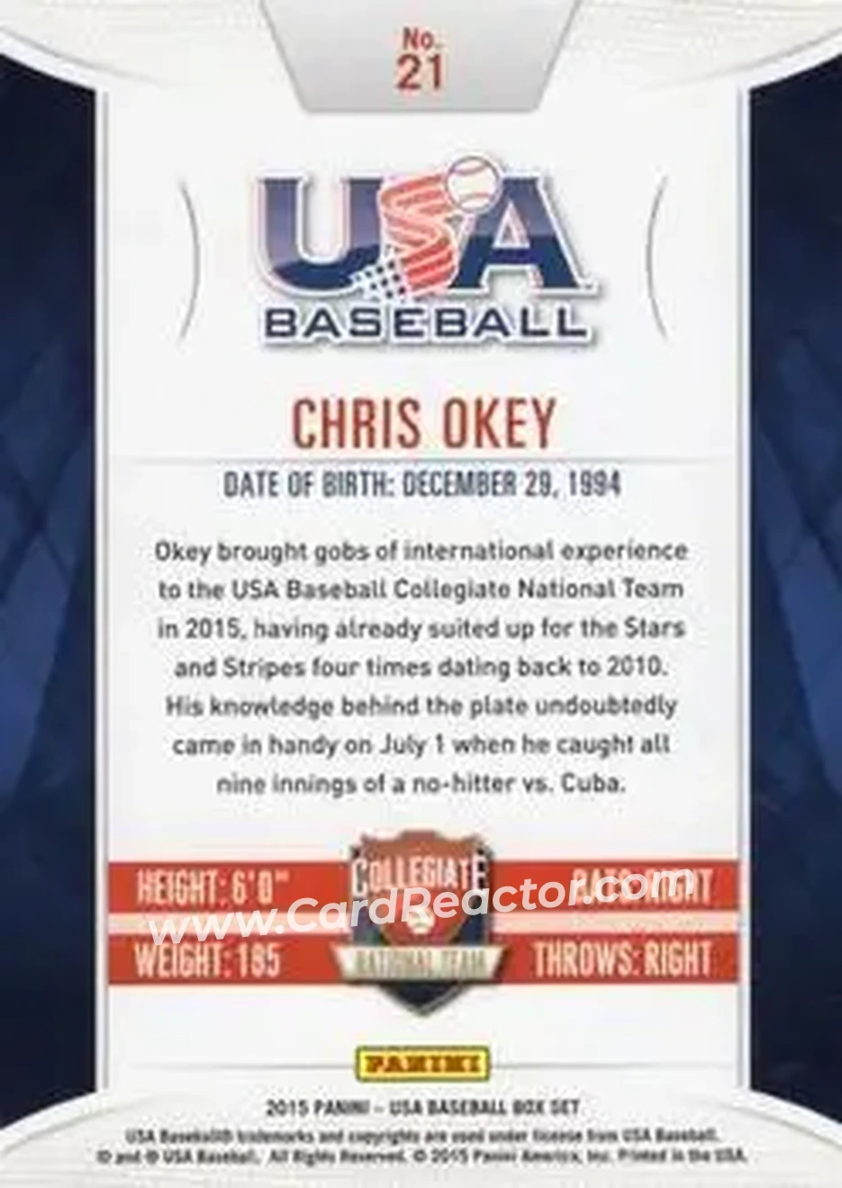 2015 Panini USA Baseball #21 - Chris Okey - USA - Back