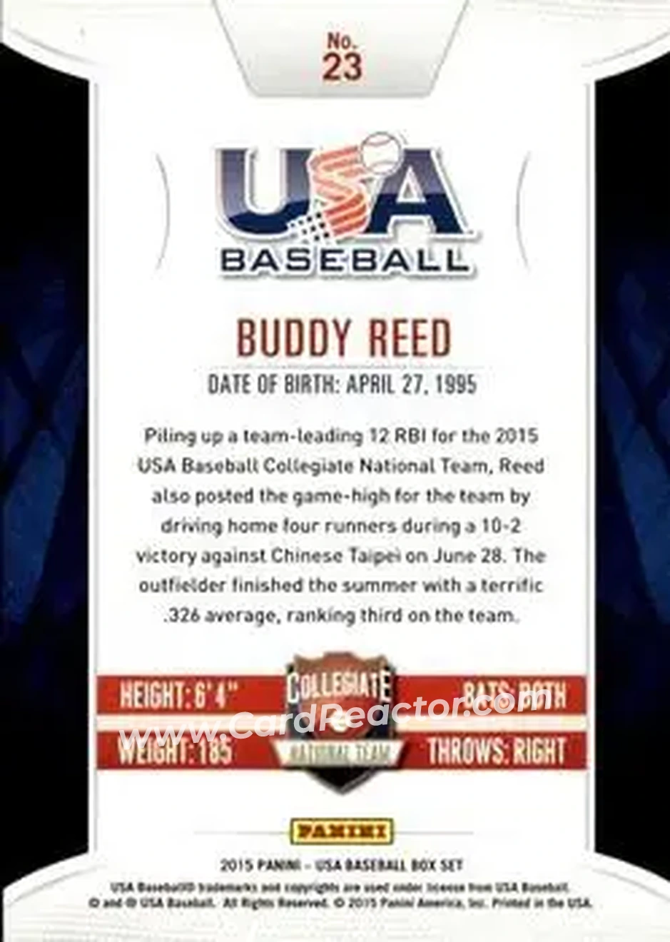 2015 Panini USA Baseball #23 - Buddy Reed - USA - Back