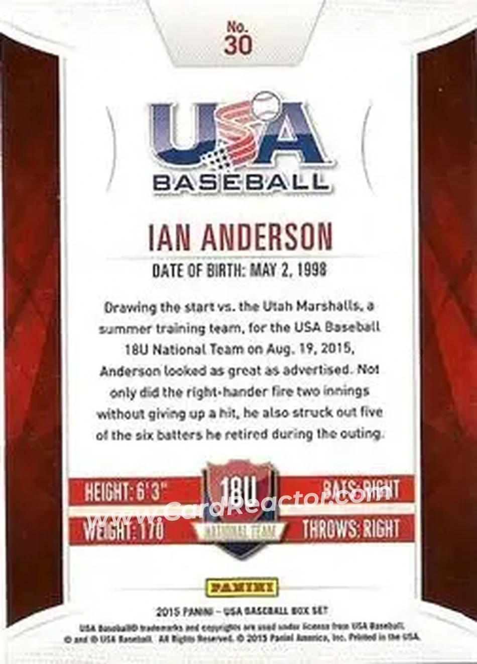 2015 Panini USA Baseball #30 - Ian Anderson - USA - Back