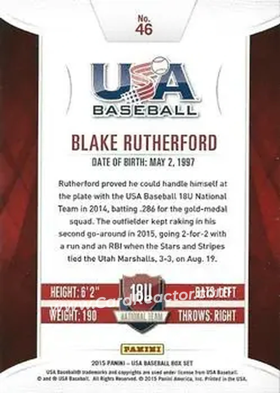 2015 Panini USA Baseball #46 - Blake Rutherford - USA - Back