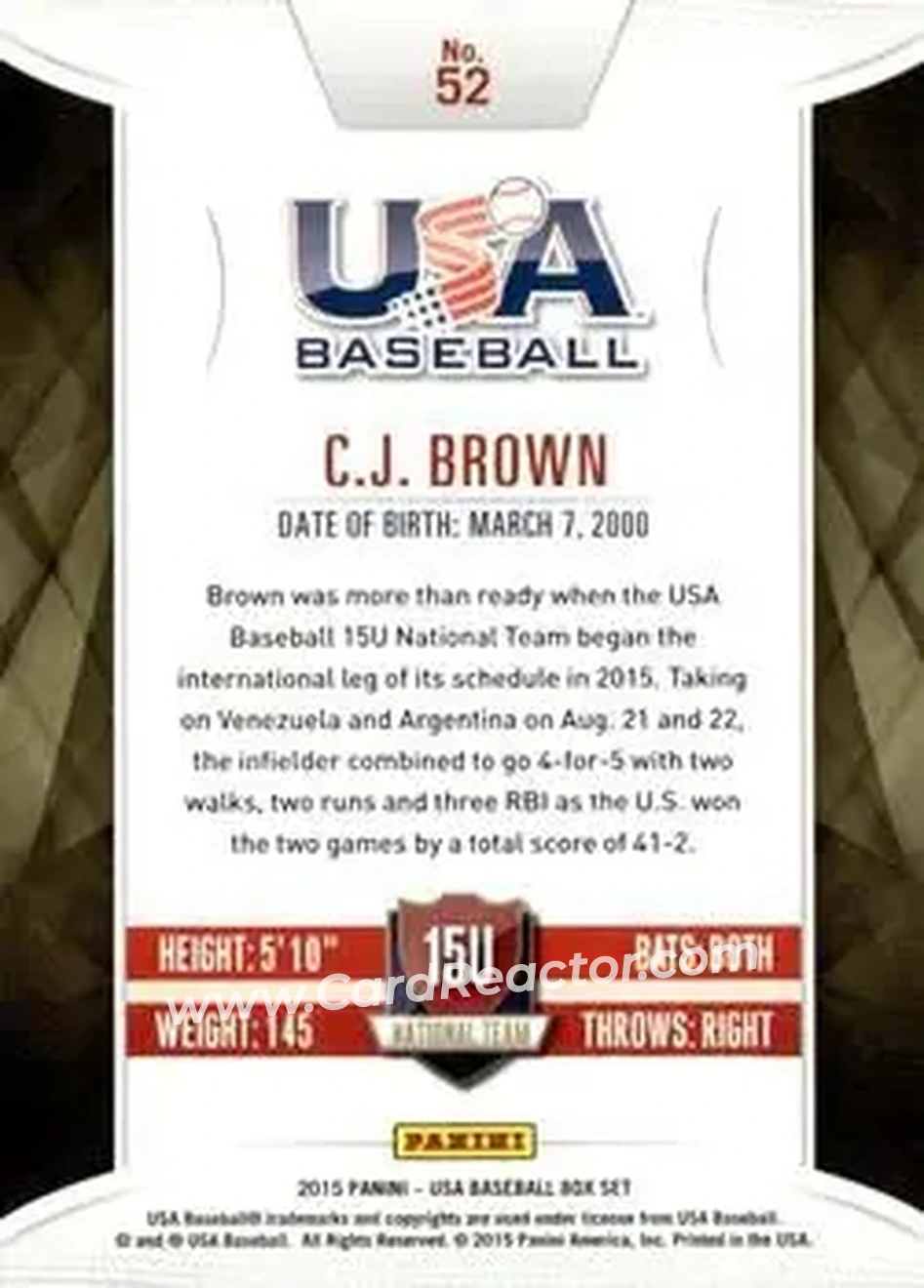 2015 Panini USA Baseball #52 - C.J. Brown - USA - Back