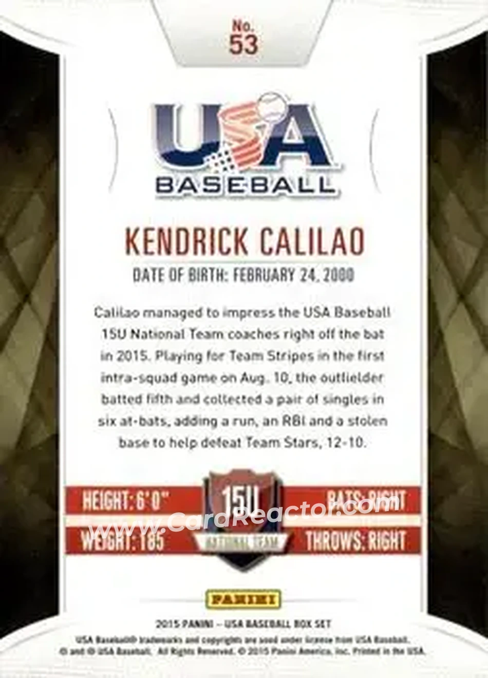 2015 Panini USA Baseball #53 - Kendrick Calilao - USA - Back