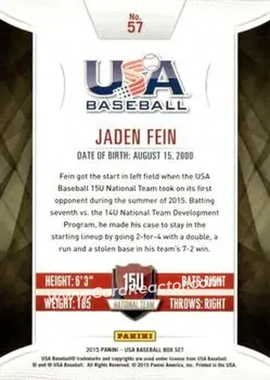 2015 Panini USA Baseball #57 - Jaden Fein - USA - Back