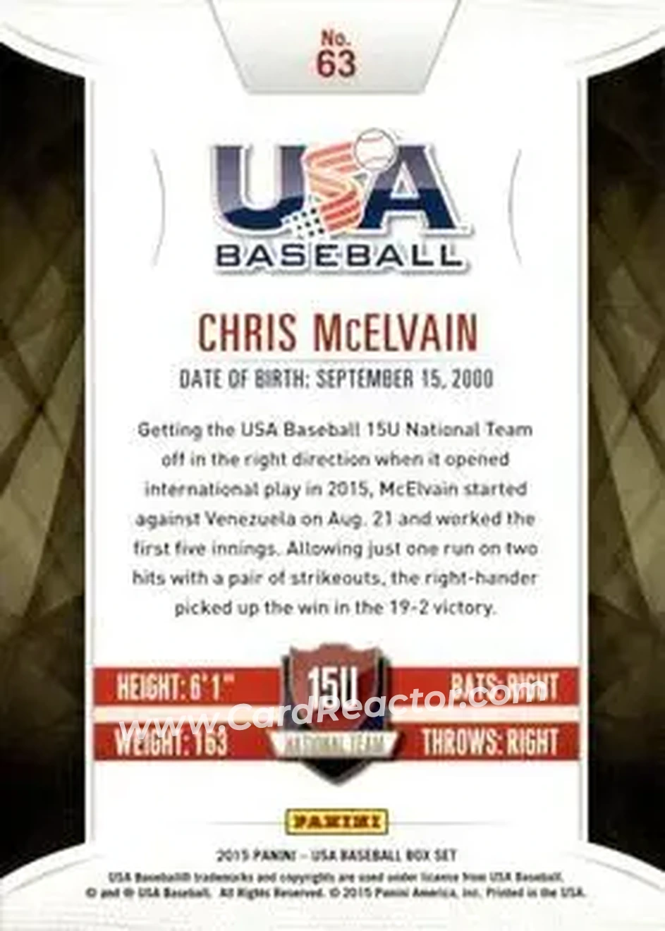2015 Panini USA Baseball #63 - Chris McElvain - USA - Back
