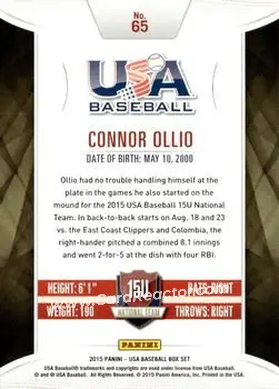 2015 Panini USA Baseball #65 - Connor Ollio - USA - Back