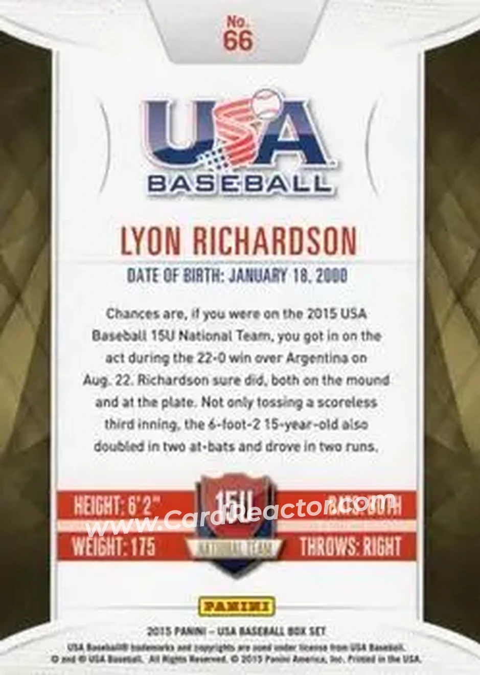 2015 Panini USA Baseball #66 - Lyon Richardson - USA - Back