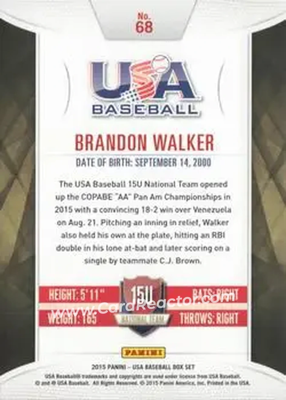 2015 Panini USA Baseball #68 - Brandon Walker - USA - Back