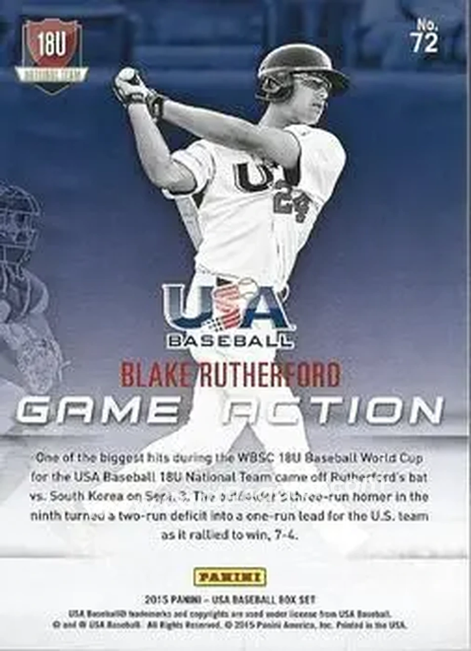 2015 Panini USA Baseball #72 - Blake Rutherford - USA - Back