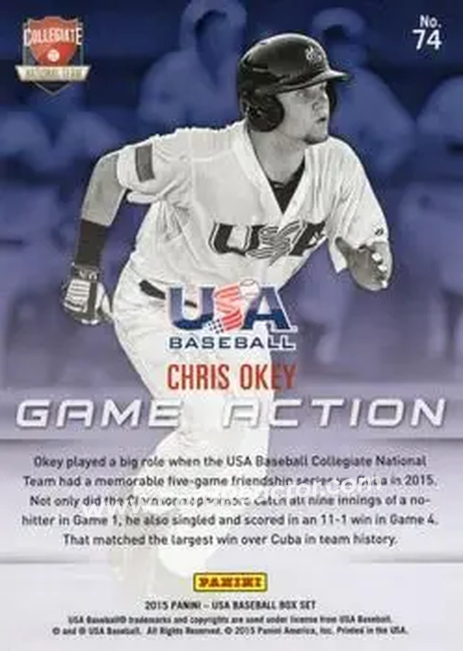 2015 Panini USA Baseball #74 - Chris Okey - USA - Back