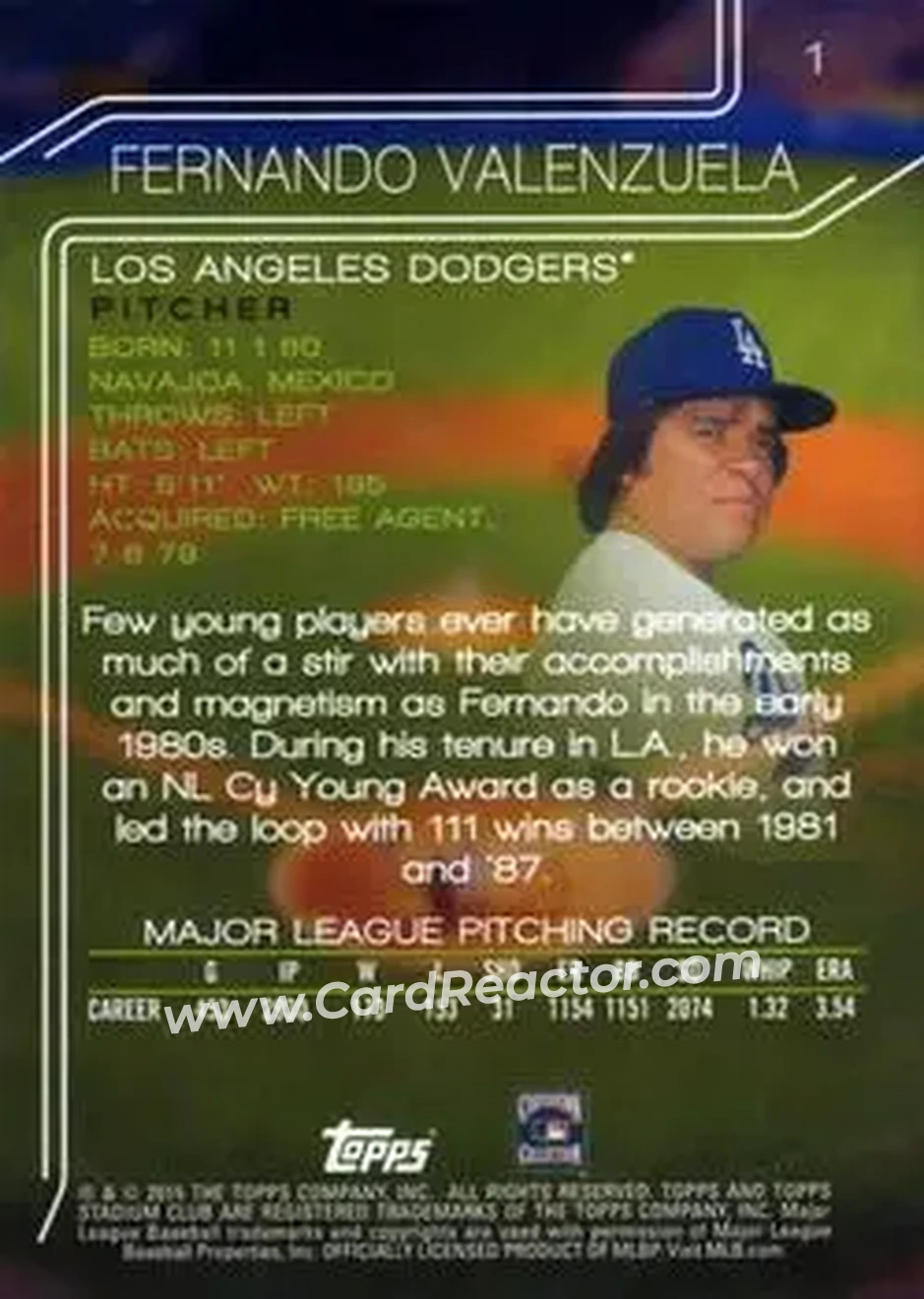 2015 Stadium Club #1 - Fernando Valenzuela - Los Angeles Dodgers - Back