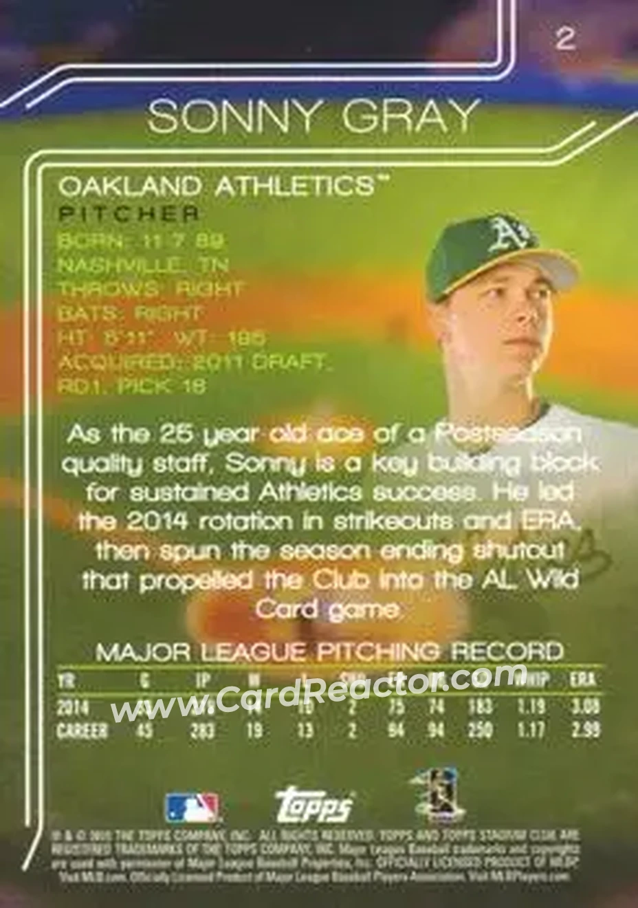 2015 Stadium Club #2 - Sonny Gray - Oakland Athletics - Back