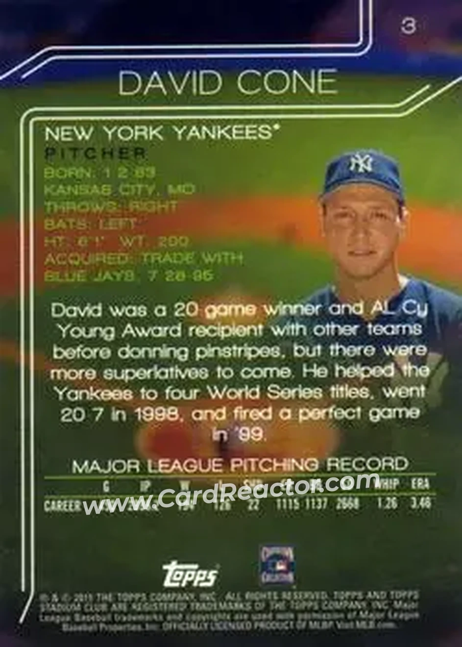 2015 Stadium Club #3 - David Cone - New York Yankees - Back