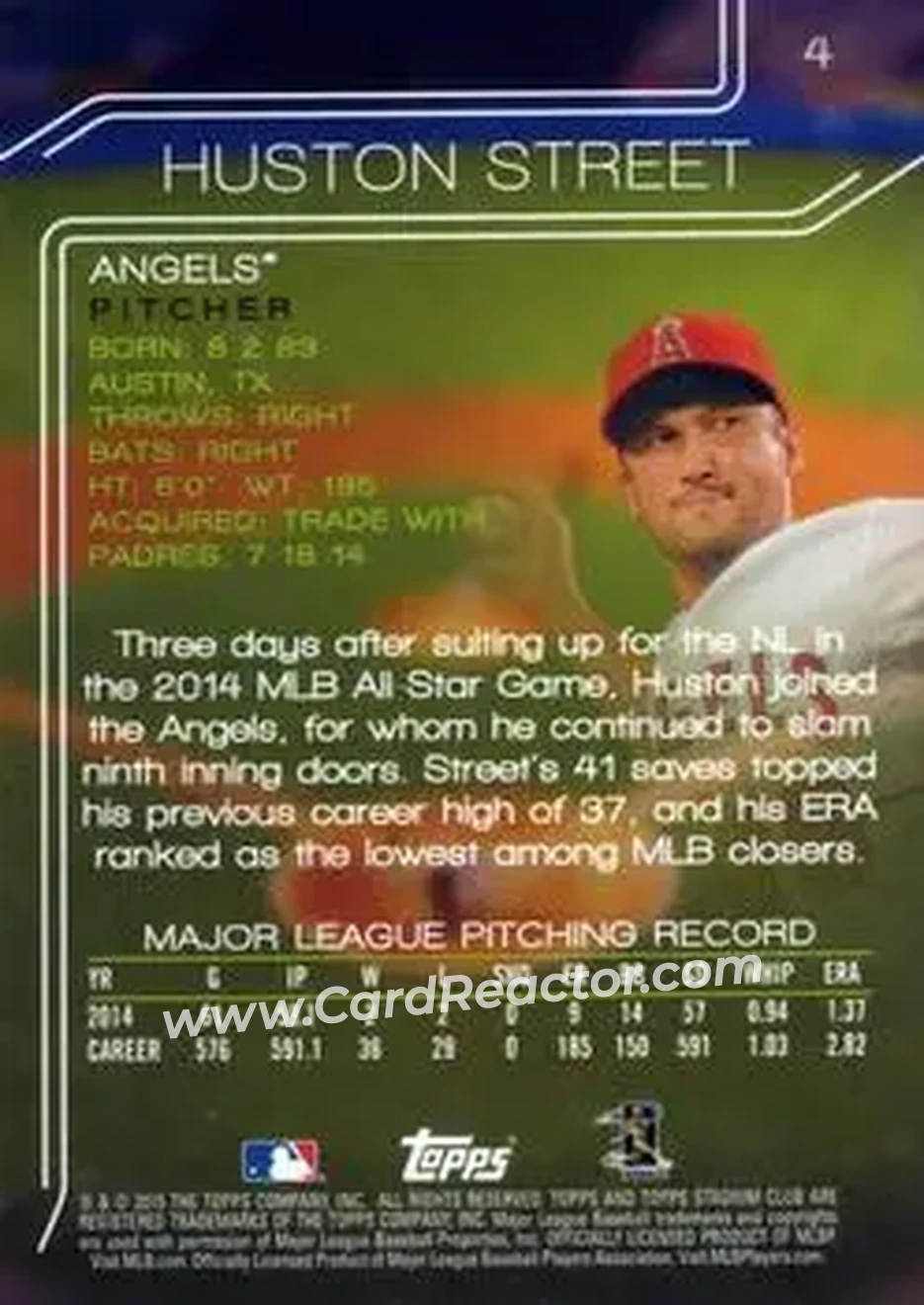 2015 Stadium Club #4 - Huston Street - Los Angeles Angels - Back