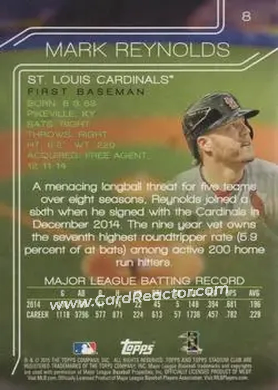 2015 Stadium Club #8 - Mark Reynolds - St. Louis Cardinals - Back