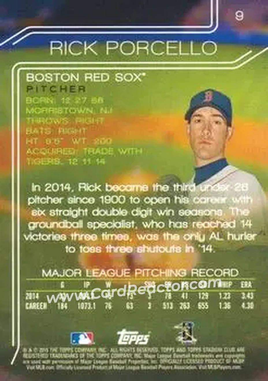 2015 Stadium Club #9 - Rick Porcello - Boston Red Sox - Back