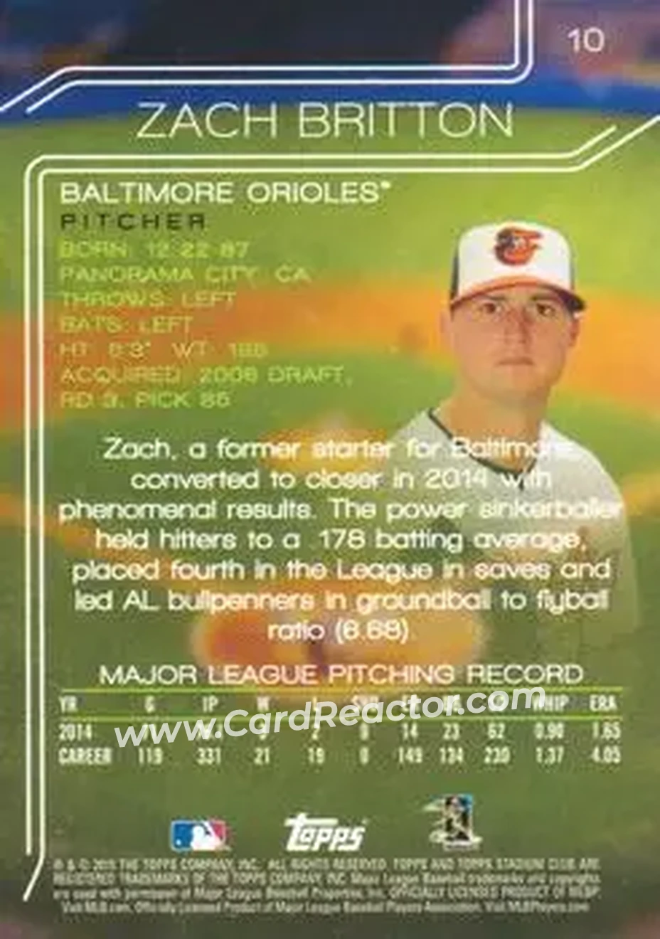 2015 Stadium Club #10 - Zack Britton - Baltimore Orioles - Back 2015 Stadium Club #10 - Zack Britton - Baltimore Orioles - Back