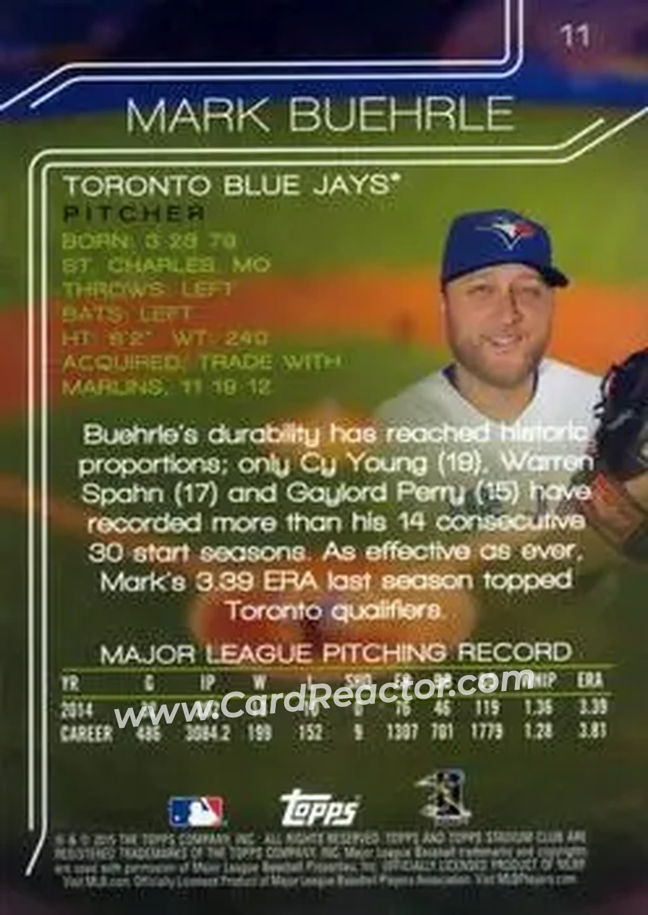 2015 Stadium Club #11 - Mark Buehrle - Toronto Blue Jays - Back
