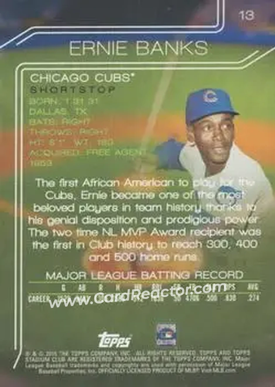 2015 Stadium Club #13 - Ernie Banks - Chicago Cubs - Back