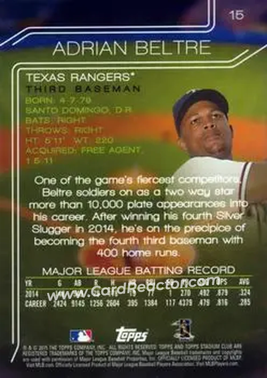 2015 Stadium Club #15 - Adrian Beltré - Texas Rangers - Back