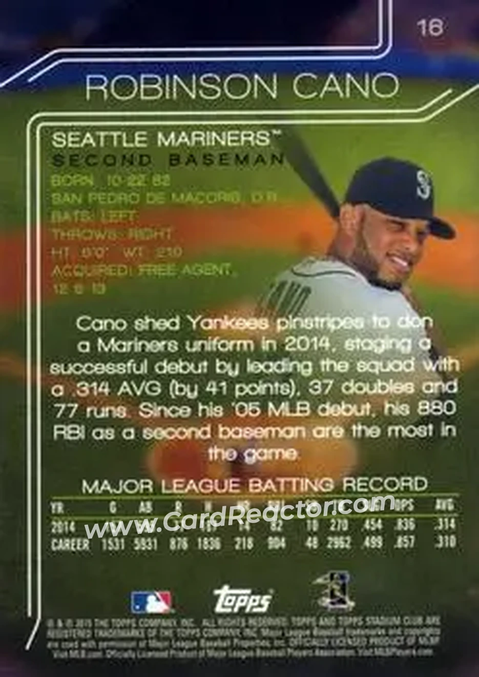 2015 Stadium Club #16 - Robinson Cano - Seattle Mariners - Back