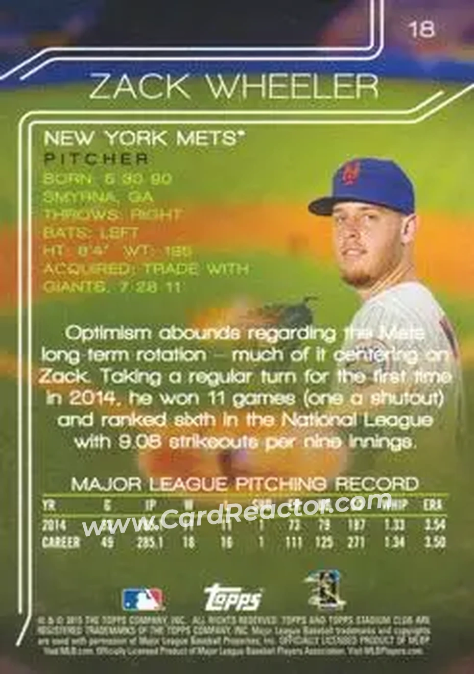2015 Stadium Club #18 - Zack Wheeler - New York Mets - Back