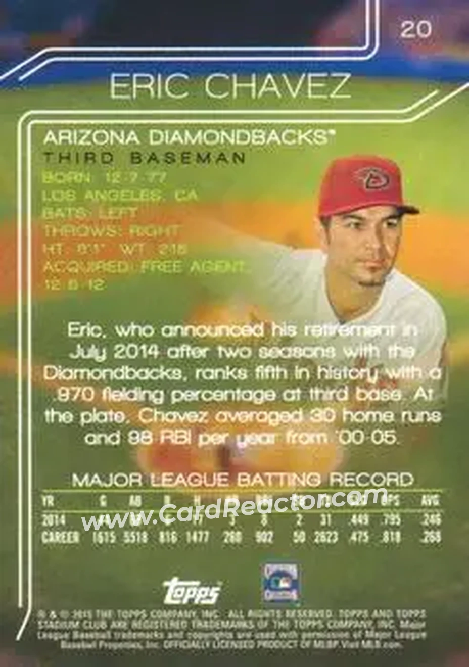 2015 Stadium Club #20 - Eric Chavez - Arizona Diamondbacks - Back