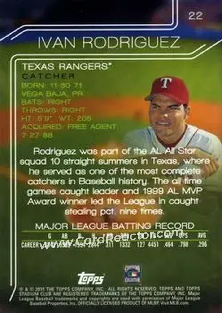 2015 Stadium Club #22 - Ivan Rodriguez - Texas Rangers - Back