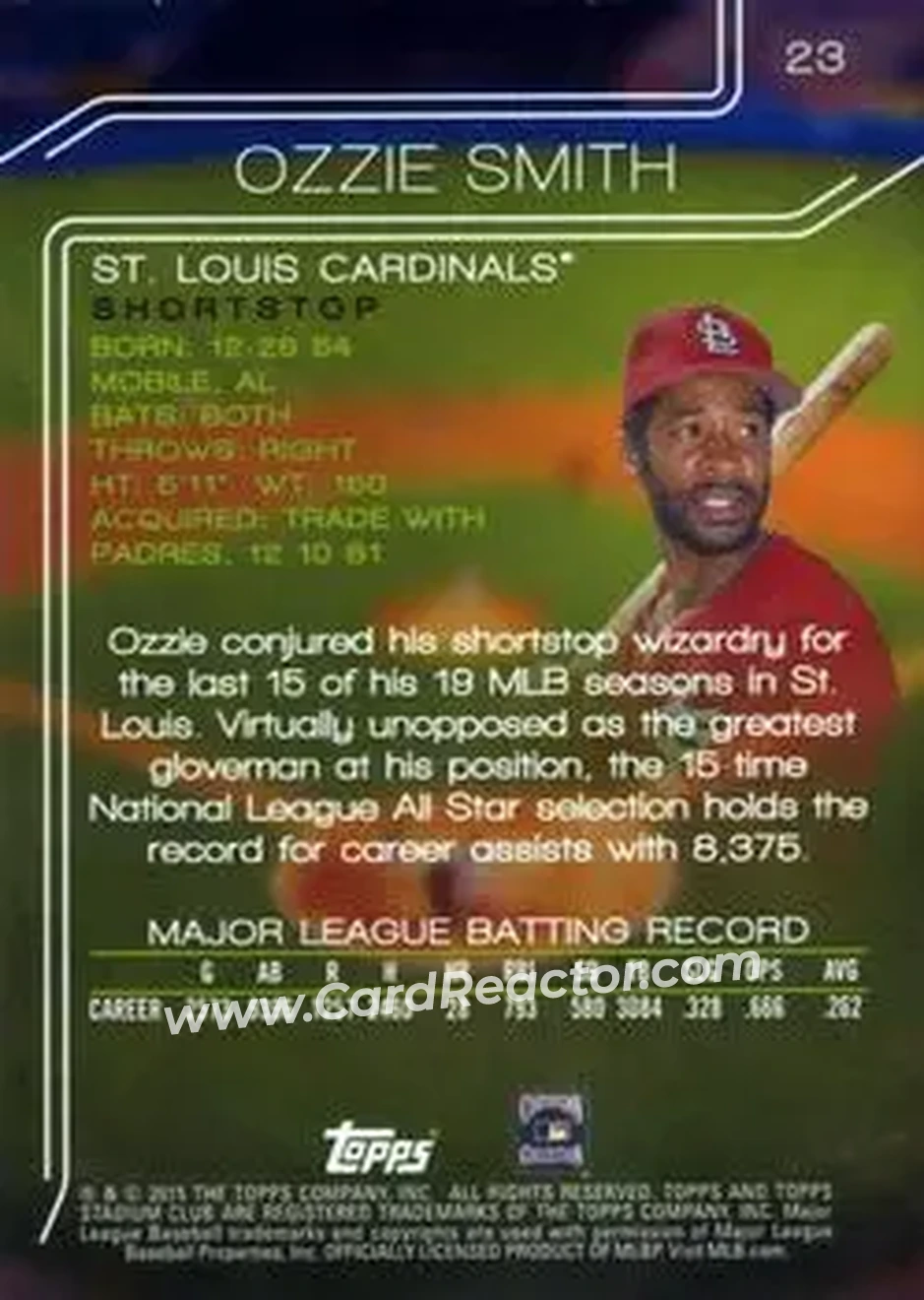2015 Stadium Club #23 - Ozzie Smith - St. Louis Cardinals - Back