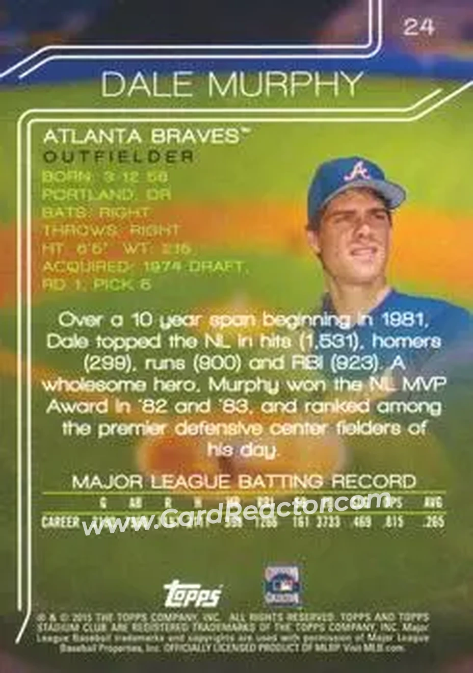 2015 Stadium Club #24 - Dale Murphy - Atlanta Braves - Back